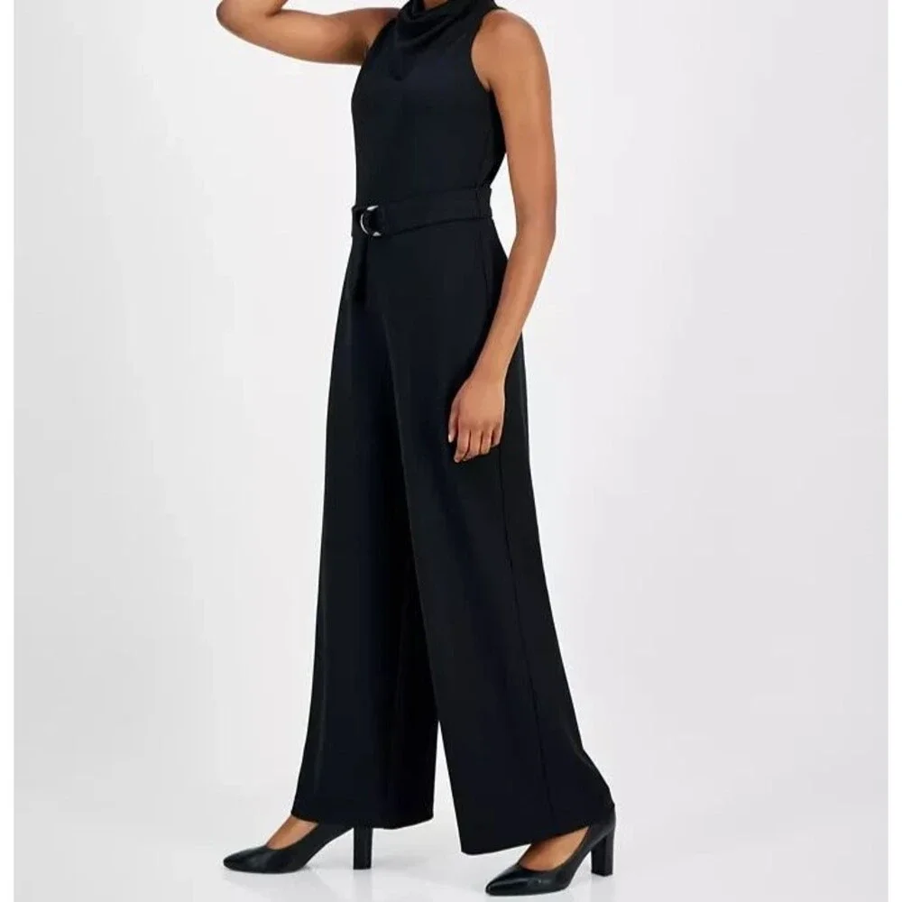 Anne Klein Women's Trendy Chic Cowlneck Wide-Leg Jumpsuit Deep Black 6 (NO BELT)